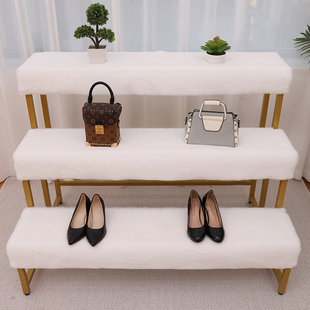 白色短毛绒地毯流水台服装店橱窗展台定制桌柜面仿兔毛毛装饰垫子