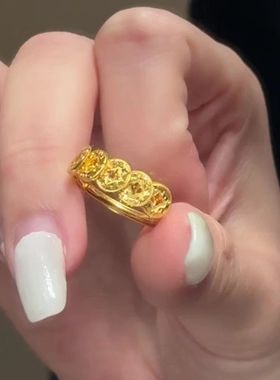 新中式碎碎冰铜钱戒指女 个性复古轻奢高级感精致五帝钱开口指环