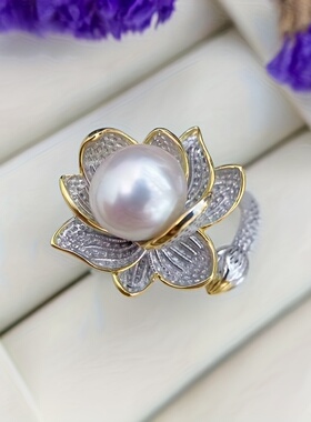 精致分色莲花仿珍珠戒指款国潮森系轻奢复古冷淡风开口可调节指环