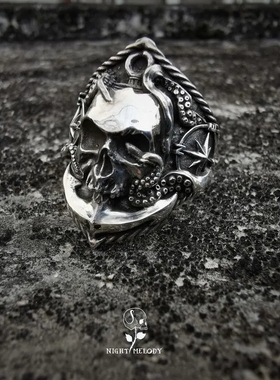 航海鱿鱼骷髅开口指环怀旧感戒