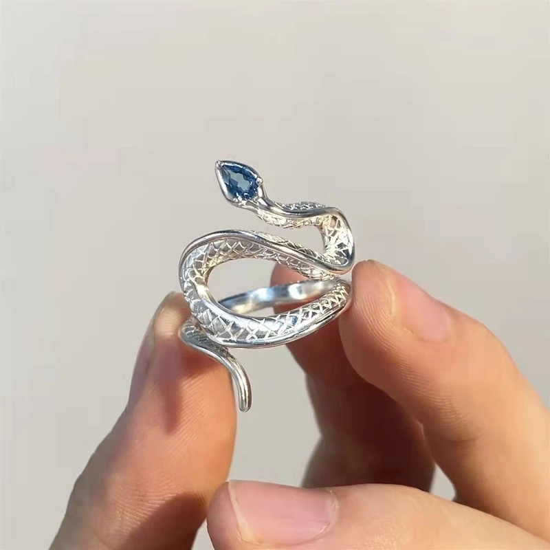 时尚ins风海蓝色托帕石灵蛇戒指 潮女辣妹水晶锆石可调节戒指手饰