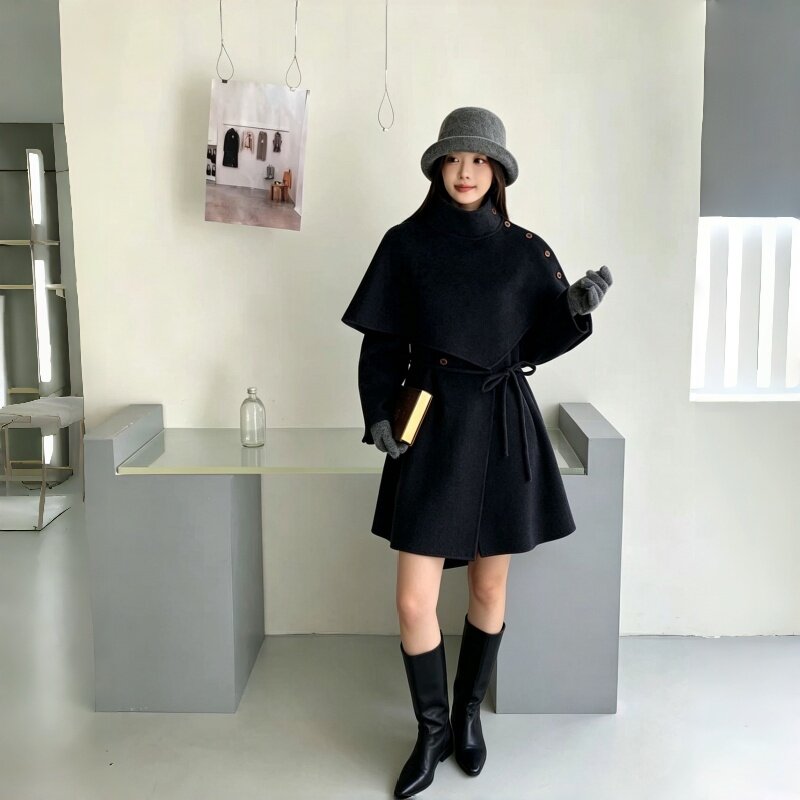 斗篷双面羊毛大衣中长款小个子2026新款秋冬感系带羊毛呢外套青年