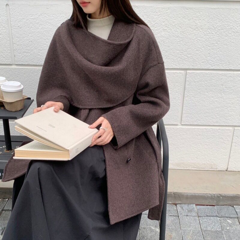 秋冬新款韩版千金风披肩围巾领呢子大衣女加厚系带双面毛呢外套女