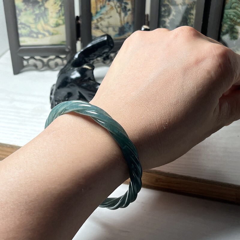 天然翡翠A货玉石女款麻花手镯女款玉器玉镯子带证书 内径58.4mm