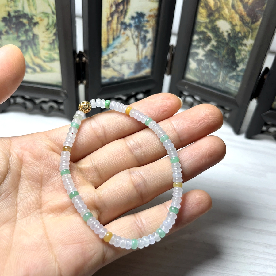 冰糯天然翡翠A货玉石手链手串玉器三彩玉器算盘珠子女款手链带证