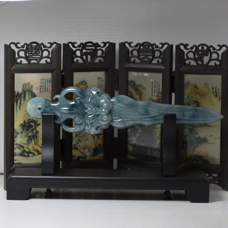 翡翠玉石A货宝剑龙头宝剑玉器把件摆件玉器带证书送底座