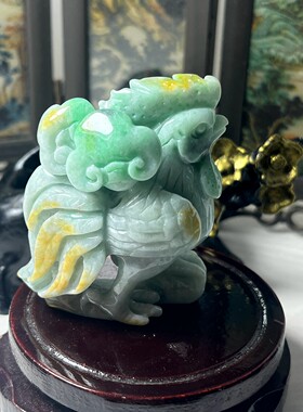缅甸翡翠A货黄加绿雄鸡摆件证书