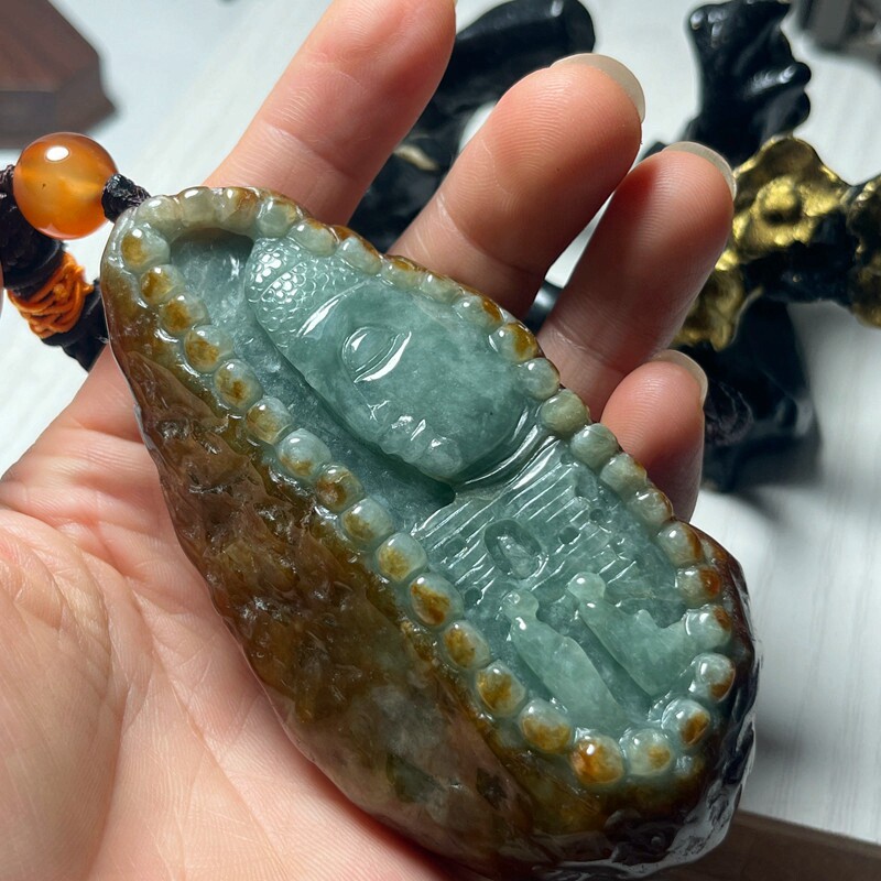 缅甸天然翡翠A货玉石黄皮原石悟道佛手把件特色金包佛把件带证