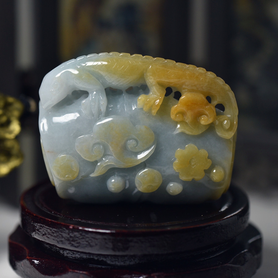 缅甸翡翠A货玉石蜥蜴摆件把件手玩件特色黄翡玉器今非昔比带证