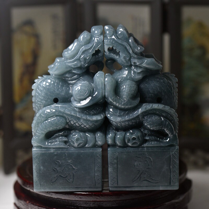 天然翡翠A货玉石龙大印章摆件 一对生意兴隆玉玺大印章摆件带证书