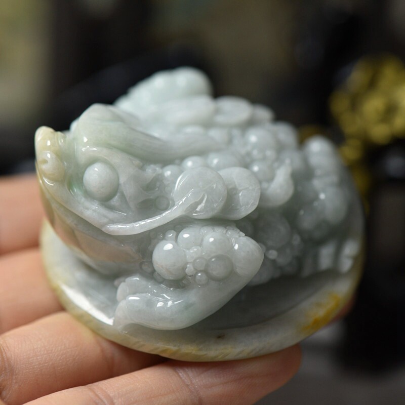 缅甸天然翡翠A货玉石金蟾摆件把件玉石玉器三脚蟾蜍带证书