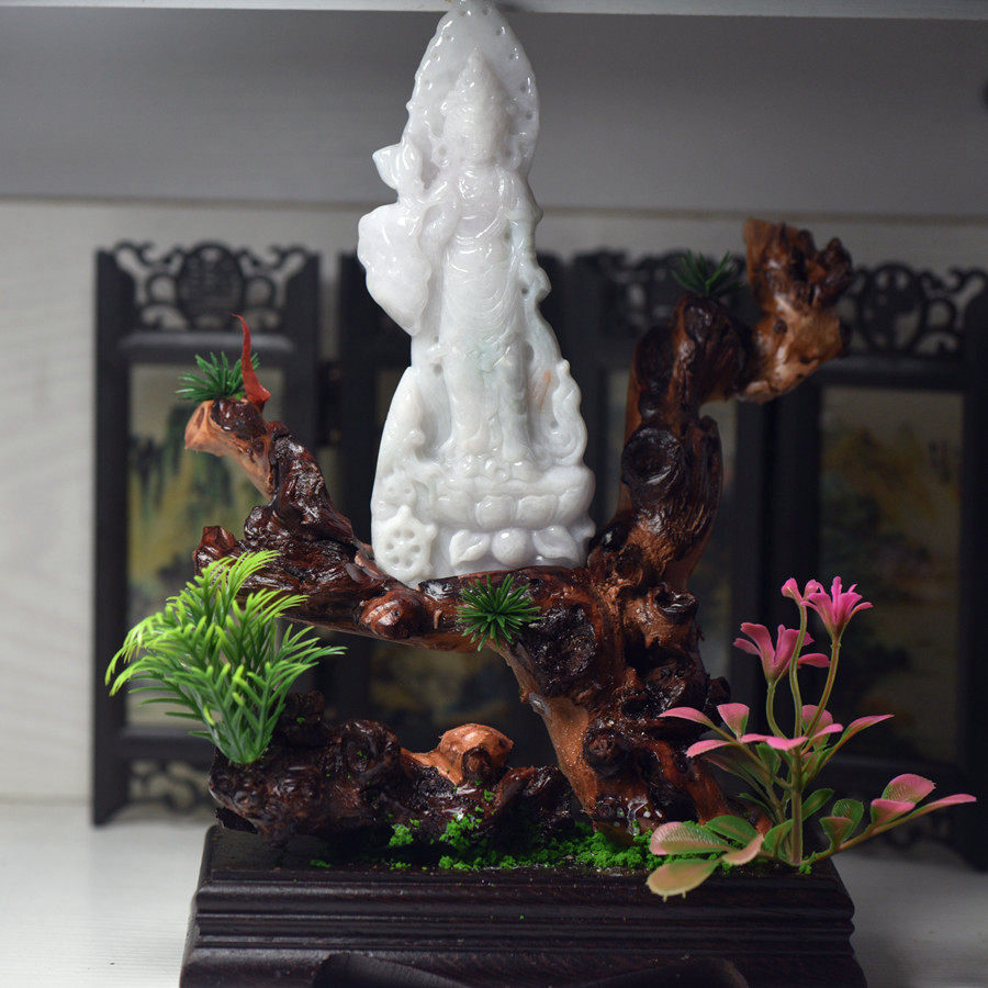 缅甸天然翡翠A货玉石观音摆件观音菩萨玉器摆饰站观音带底座证书