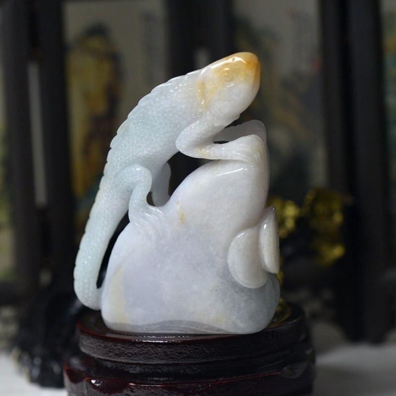 缅甸翡翠A货玉石蜥蜴摆件黄翡特色玉器今非昔比特色摆件带证书