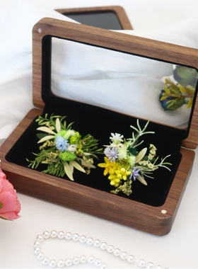 永生花戒指盒高档黑胡桃木盒大号对戒收纳盒DIY饰品开窗首饰盒