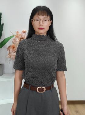 【可系】专柜251033春秋半高领蕾丝短袖T恤女修身内搭打底衫