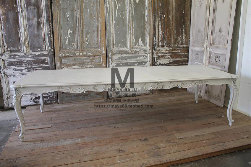 法式复古做旧实木雕花餐桌长方形饭桌欧式别墅餐厅桌美式茶桌定制