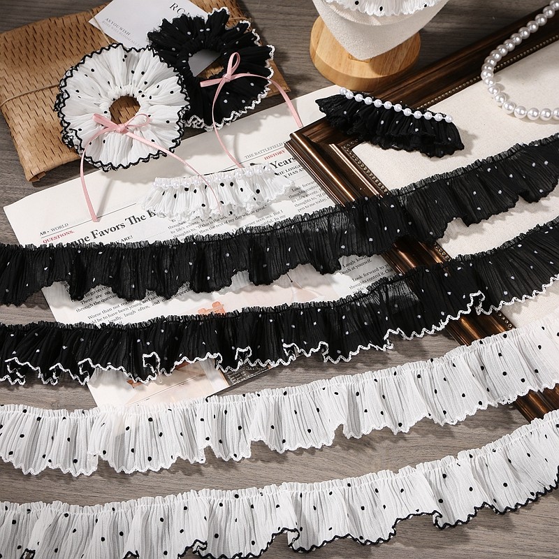 大圆点花边皱褶纱带礼盒包装装饰DIY发饰蝴蝶结波点芽边雪纺带