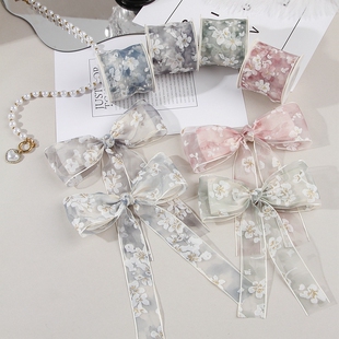 头饰手工DIY蝴蝶结发夹飘带带复古水墨印花烫金雪纱织带花束绑带
