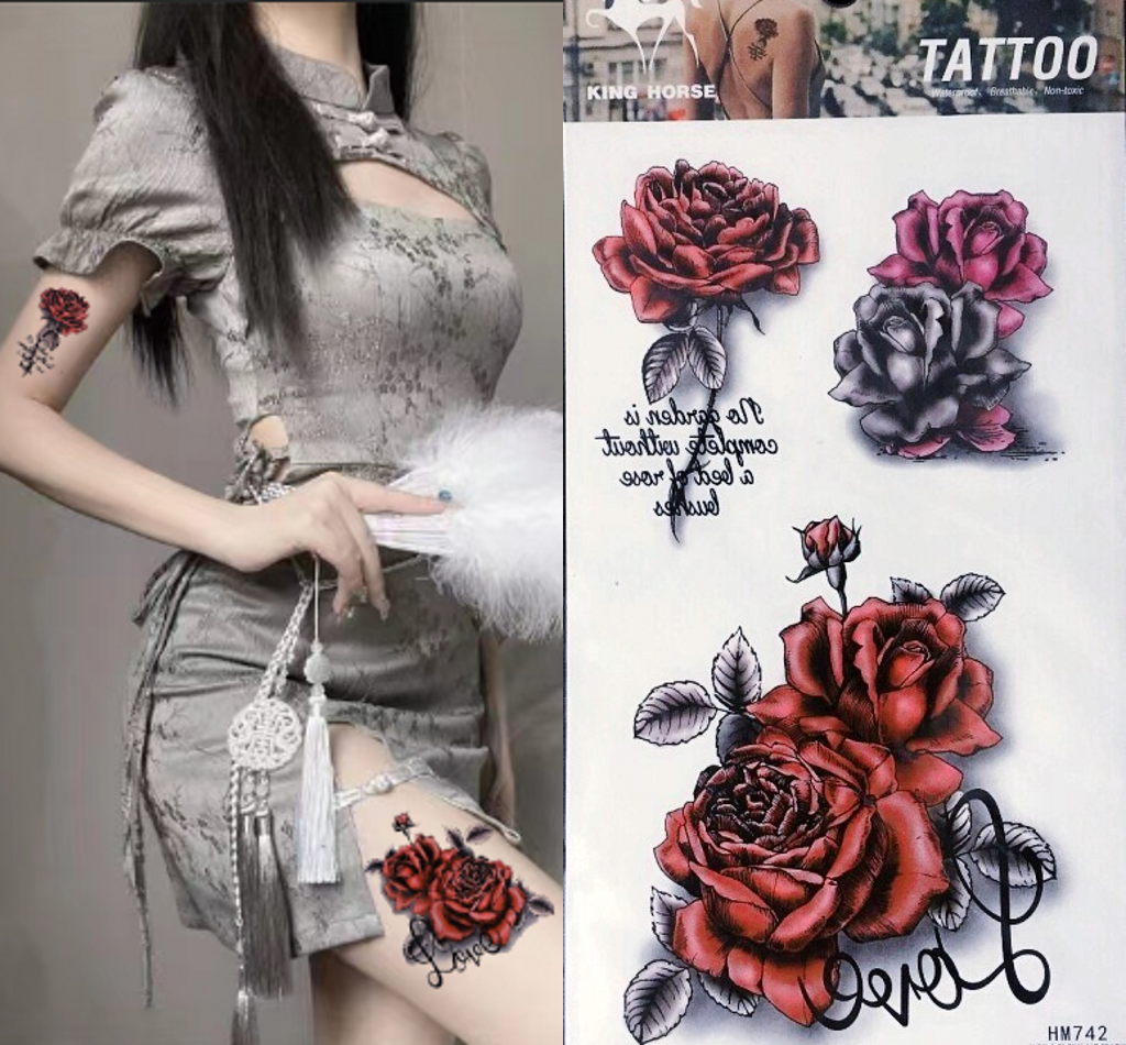 纹身贴防水持久逼真3D暗黑玫瑰腱部锁骨女款女生小腿遮疤痕神器