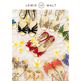 女 羊皮鱼嘴露趾镂空一字扣小坡跟平底编织罗马凉鞋 Lewis Walt夏季