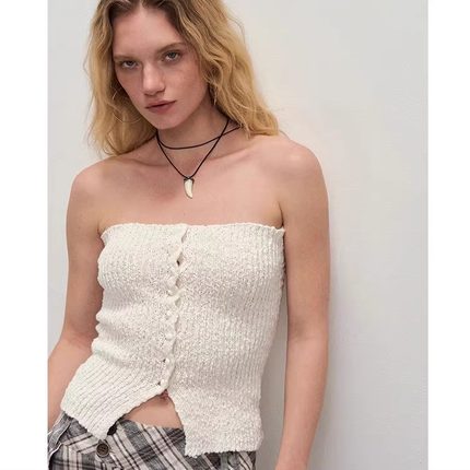 【XSPACE】Dpercent丨肌理感露肩白色毛织抹胸外穿针织背心