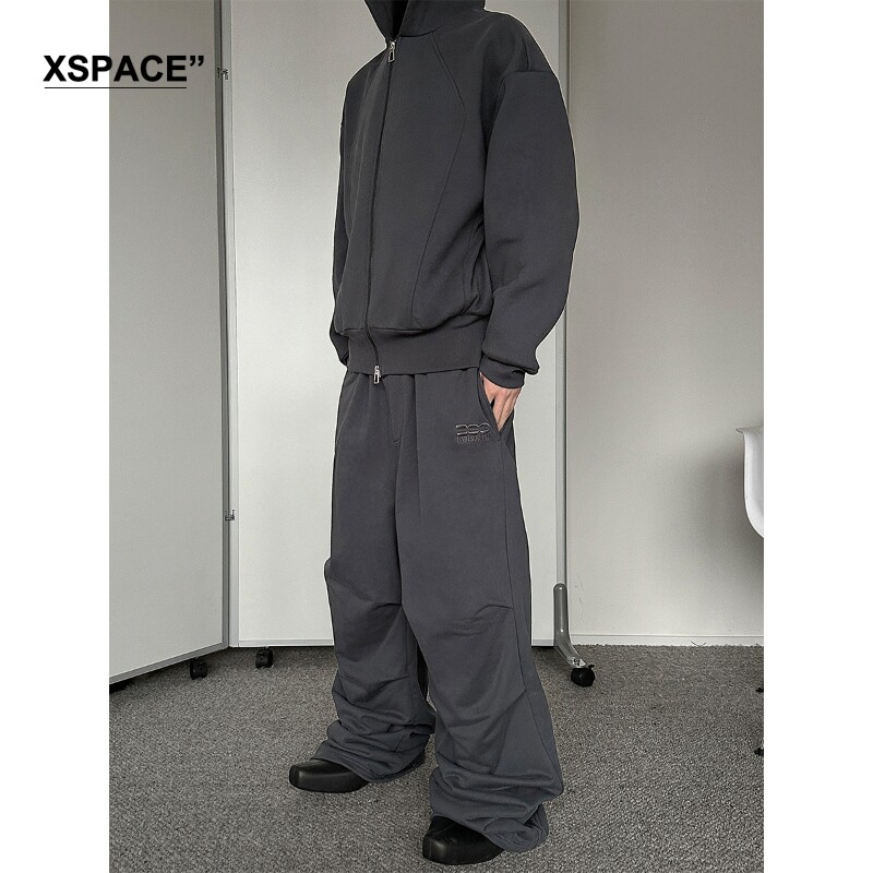 [XSPACE]BABESOCHILL 두꺼운 벨벳 솔리드 컬러 차콜 그레이 스포츠 스웨트 재킷과 스웨트팬츠 세트