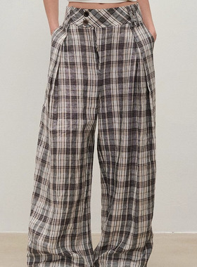 【XSPACE】Dpercent丨宽腰头舒适宽松格纹裤阔腿休闲直筒裤长裤女