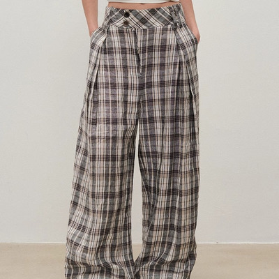 【XSPACE】Dpercent丨宽腰头舒适宽松格纹裤阔腿休闲直筒裤长裤女