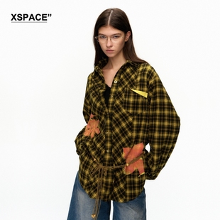 【XSPACE】Dpercent | 夏威夷花朵黑黄格纹宽松廓形复古印花长袖T