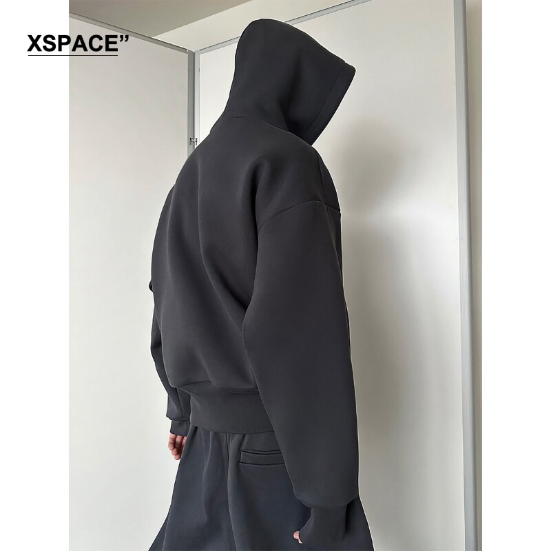 [XSPACE]BABESOCHILL 두꺼운 벨벳 솔리드 컬러 차콜 그레이 스포츠 스웨트 재킷과 스웨트팬츠 세트