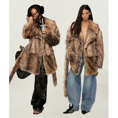 Dpercent翻领长款貉子毛环保皮草