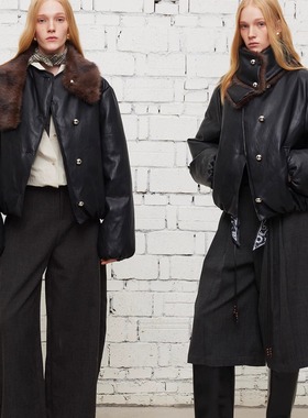 【XSPACE】Dpercent丨迪丽热巴同款仿皮草围巾短款皮质棉服外套