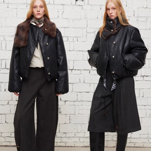 【XSPACE】Dpercent丨迪丽热巴同款仿皮草围巾短款皮质棉服外套