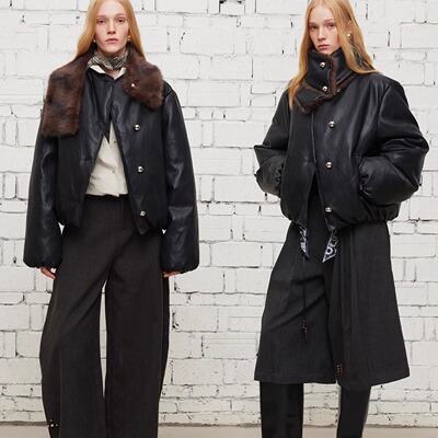 【XSPACE】Dpercent丨迪丽热巴同款仿皮草围巾短款皮质棉服外套