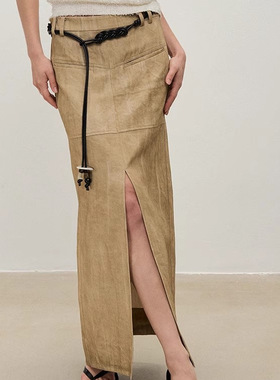 【XSPACE】Dpercent丨驼色晕染腰链侧开叉复古长款工装裙半身裙