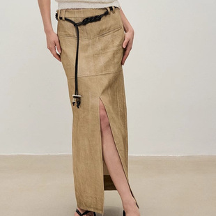 【XSPACE】Dpercent丨驼色晕染腰链侧开叉复古长款工装裙半身裙