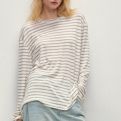 【XSPACE】Dpercent丨天丝混纺宽松落肩廓形长袖条纹圆领套头T恤