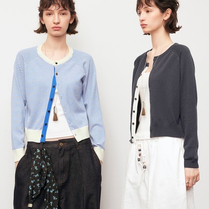 【XSPACE】Dpercent丨羊毛混纺亲肤经典款拼色圆领开衫针织衫外套