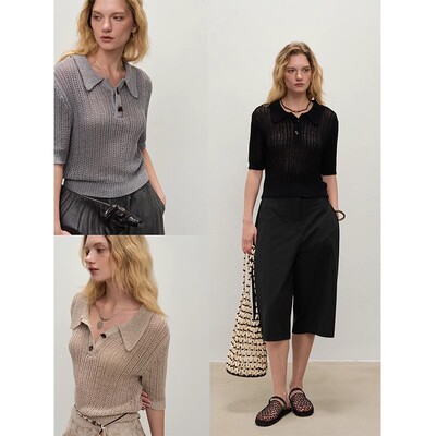 【XSPACE】Dpercent丨多色毛织短款混纺透气纹理短袖polo衫上衣女