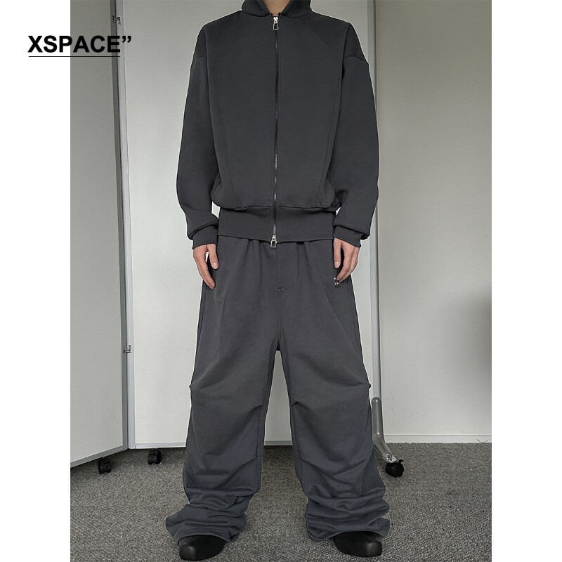 [XSPACE]BABESOCHILL 두꺼운 벨벳 솔리드 컬러 차콜 그레이 스포츠 스웨트 재킷과 스웨트팬츠 세트