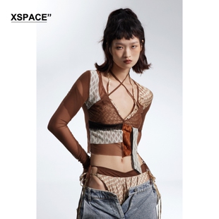 【XSPACE】DONOTDISTURB夏棕色弹力网纱蕾丝套头性感透气辣妹罩衫