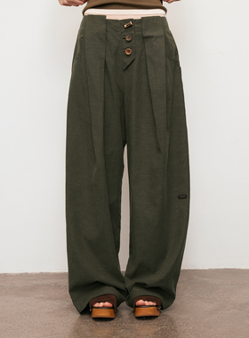 【XSPACE】Dpercent丨棉麻天丝混纺褶皱垂感宽松阔腿休闲长裤