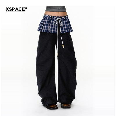 Dpercent格纹拼接假两件弯刀裤