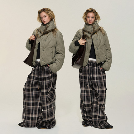 【XSPACE】Dpercent｜复古格纹宽松两穿式腰头阔腿休闲长裤