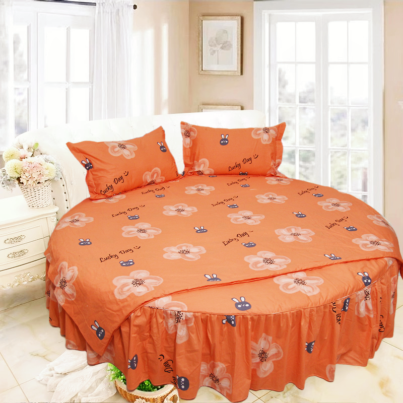 纯棉全棉橘色花卉圆床四件套圆被套床裙式圆床单圆形床床品圆床罩