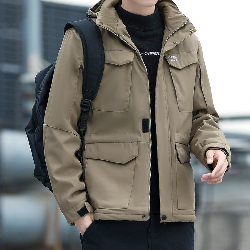 JEEP加厚棉衣男2025秋冬款大码宽松可拆卸连帽加绒保暖棉服外套潮