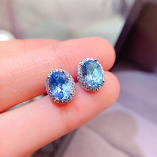 瑞士蓝天然托帕石耳钉女s925纯银镶嵌宝石5*7mm时尚小众椭圆耳饰