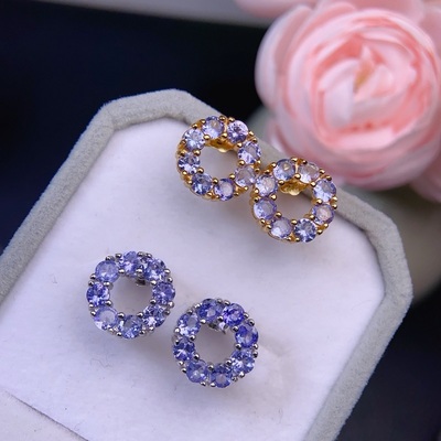 甜甜圈天然坦桑石妖艳紫爆闪耳钉