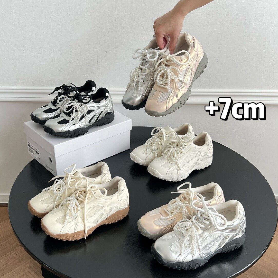 【内增高7cm】月牙底小个子蕾丝珍珠带内增高休闲德训鞋