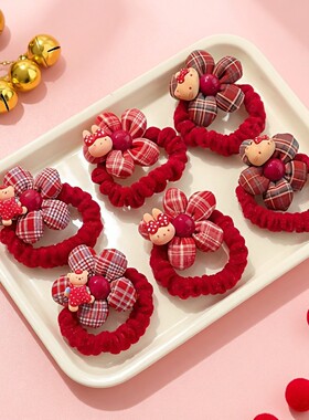 （儿童新年红色花朵发绳）甜美卡通发圈女童格子头饰不伤发皮筋